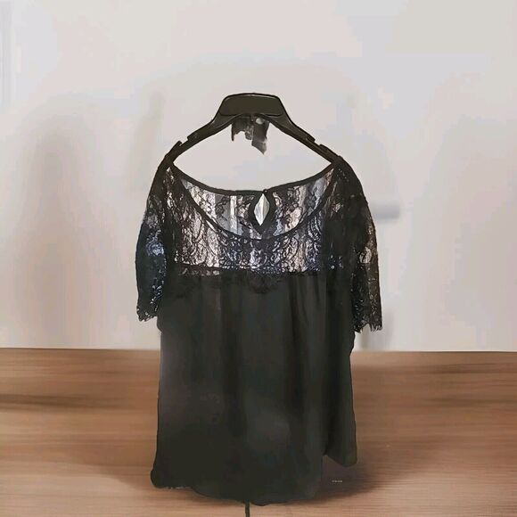 Shein Curve 2XL Black Dress Shirt Lace Sleeves Casual - Picture 2 of 3
